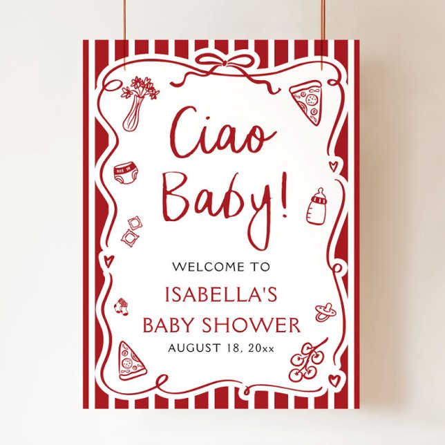Välkomna till Red Rand Italiana Ciao Baby Baby Sho Poster (Red Stripes Hand Drawn Italian Ciao Baby Baby Shower Welcome Sign )