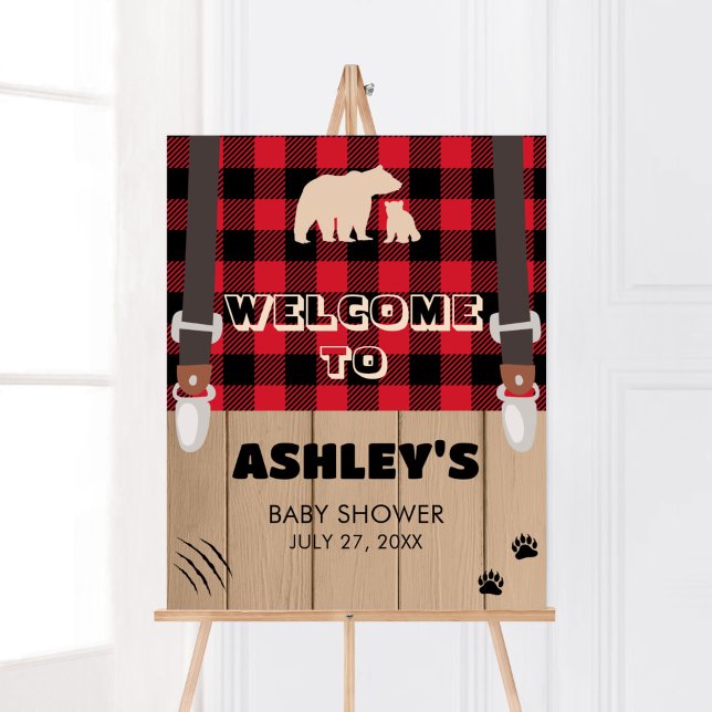 Välkomna till Red Rustic Play Lumberjack Baby Show Poster (Plaid Lumberjack Baby Shower Welcome Sign)