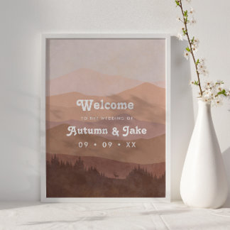 Välkomna till Retro Mountain och Forest Rosa Bröll Poster