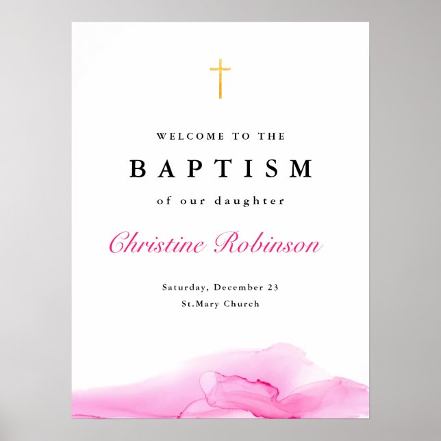 Välkomna till Rosa Bläck Christening Baptism Poster (Framsidan)
