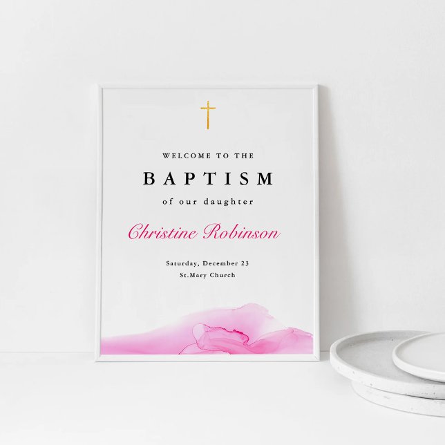 Välkomna till Rosa Bläck Christening Baptism Poster (Skapare uppladdad)