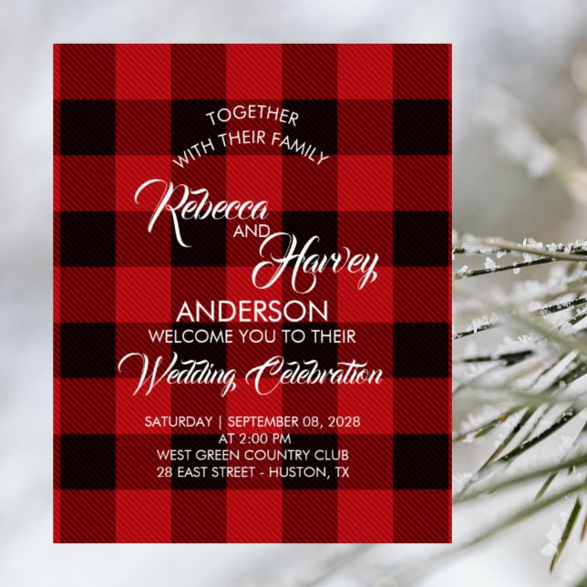 Välkomna till rött buffelplatta, rustiga vinterbrö poster (red buffalo plaid rustic winter wedding welcome poster)