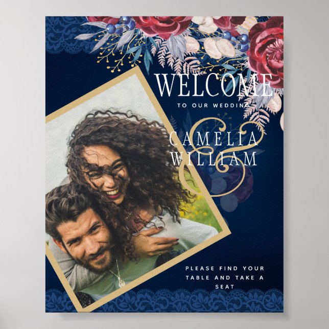 Välkomna till Rustic Burgundy Blue Blommigt Snöre  Poster (Framsidan)