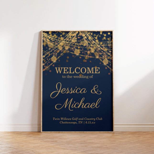 Välkomna till Rustic Glam Navy Blue Guld Bröllop Poster (Rustic glam navy blue and gold string light wedding welcome poster)