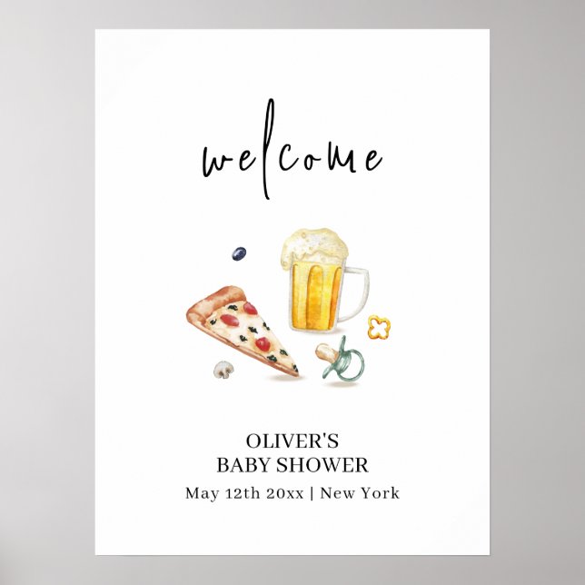 Välkomna till Rustic Pizza Öl Nappar Baby Shower Poster (Framsidan)
