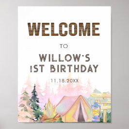 Välkomna till Rustic Rosa Girl Camping Birthday Poster