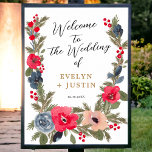 Välkomna till Rustic Winter Blommigt Watercolor Br Poster<br><div class="desc">Välkomna gästerna med värme och elegans med vår välkomstskylt från Rustic Elegant Winter Blommigt. Denna utformning förkroppsligar årstidens anda, med en handmålad vattenfärg ram, försedd med en graciös blandning av röda blommor, flytande dammiga blå nyanser och verdant grönt gräs grenar. Med ett typsnitt av eleganten anger det här tecknet tonen...</div>