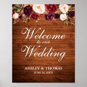 Välkomna till Rustic Wood Burgundy Blommigt Bröllo Poster