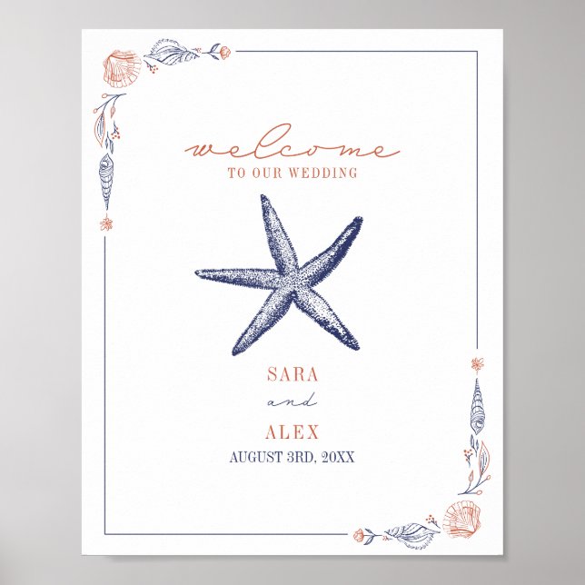 Välkomna till Rustifish Red & Blue Beach Wedding Poster (Framsidan)