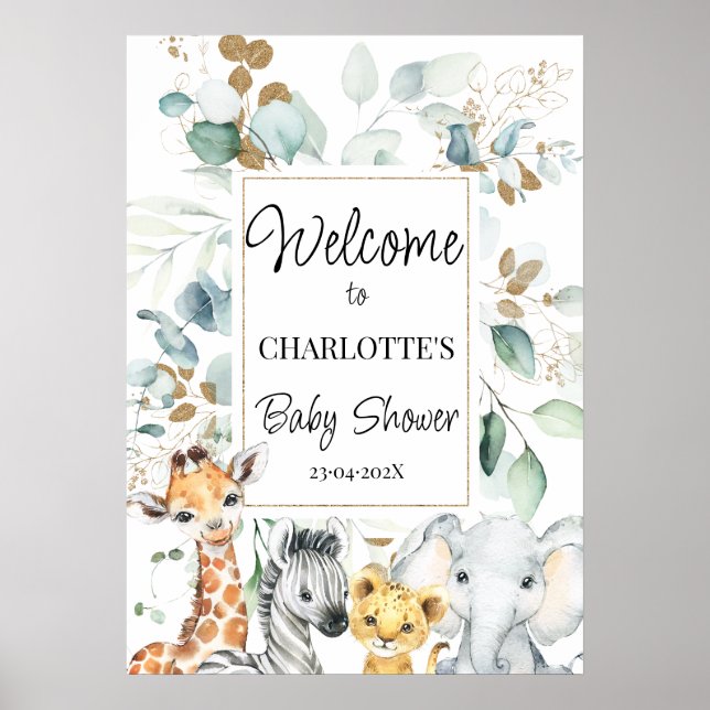 Välkomna till Safari Animals Foliage Baby Shower Poster (Framsidan)