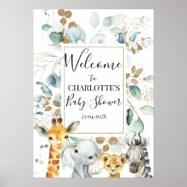 Välkomna till Safari Grått Guld Foliage Baby Showe Poster