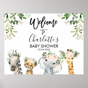 Välkomna till Safari Rosa Blommigt Foliage Baby Sh Poster