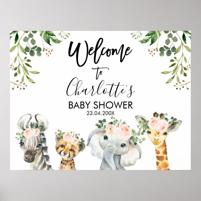 Välkomna till Safari Rosa Blommigt Foliage Baby Sh Poster (Framsidan)
