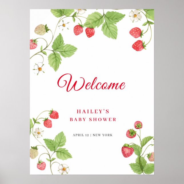 Välkomna till Sweet Greenery Strawberry Baby Showe Poster (Framsidan)