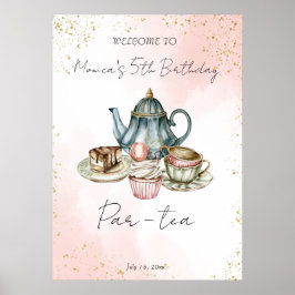 Välkomna till Tea party rosa Blue Vattencolor Föde Poster