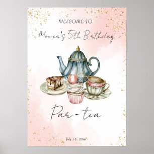 Välkomna till Tea party rosa Blue Vattencolor Föde Poster