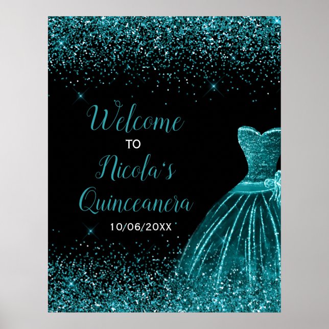 Välkomna till Teal Blue Dress Faux Glitter Quincea Poster (Framsidan)