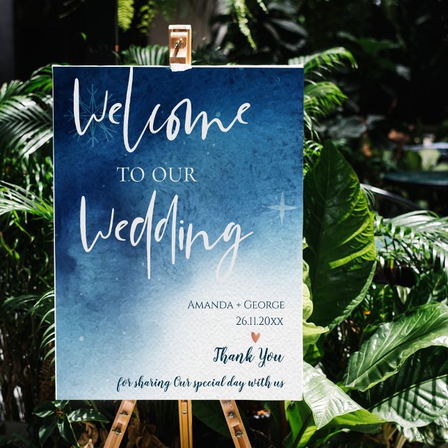 Välkomna till vår Bröllop Poster (Blue White Snowflake Welcome To Our Wedding Poster)