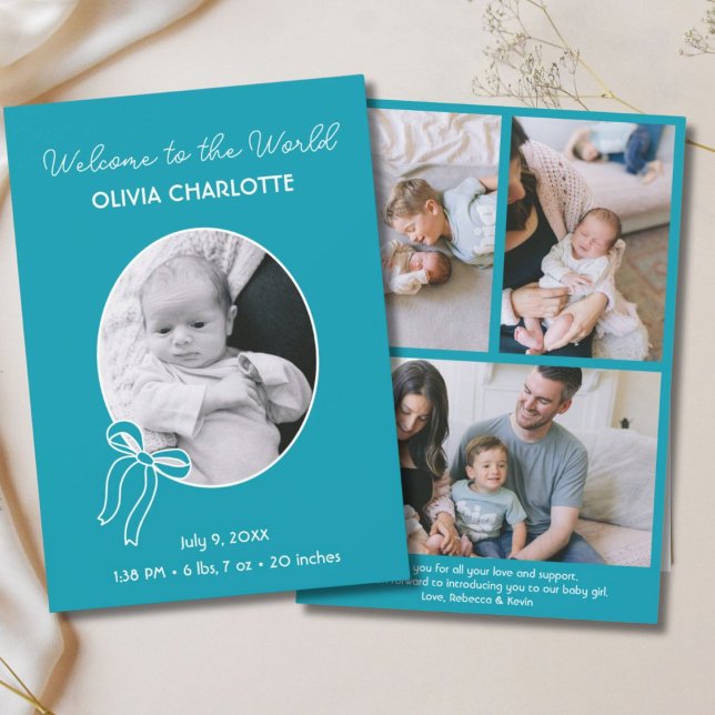 Välkomna till världsblått nyfött Baby Meddelande (Welcome to the World Teal Blue Newborn Baby Birth Announcement)