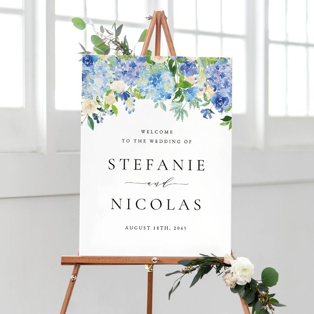 Välkomna till Watercolor Blue Hydrangea Blommigt B Poster (Skapare uppladdad)