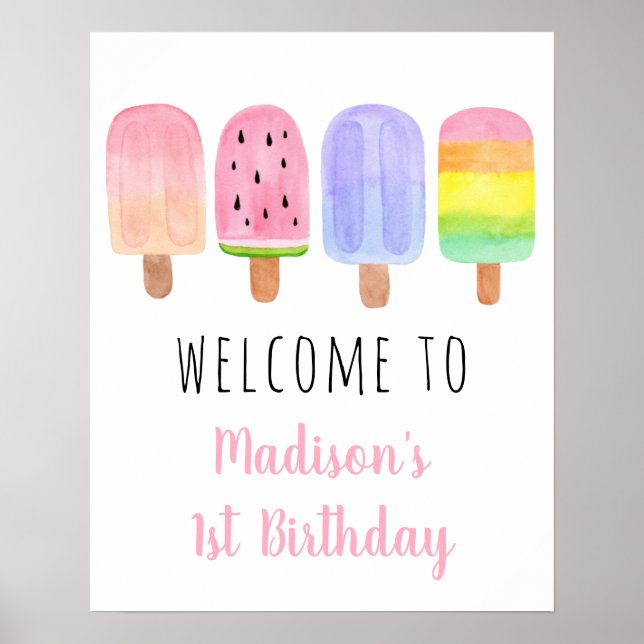 Välkomna till Watercolor Popsicle Rosa Girl Birthd Poster (Framsidan)