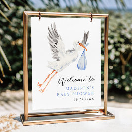 Välkomna till Watercolor Stork Blue Boy Baby Showe Poster