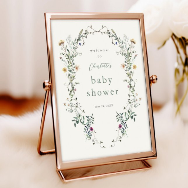Välkomna till Wildblommans andedräkt Vår Baby Show Poster (Elegant floral wreath wildflower baby shower welcome sign.)
