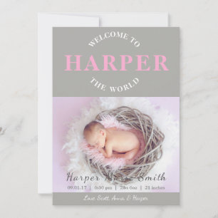 Välkomna till World rosa grått Birth Notice Inbjudningar