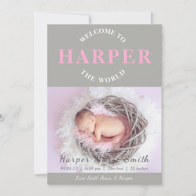 Välkomna till World rosa grått Birth Notice Inbjudningar (Framsida)