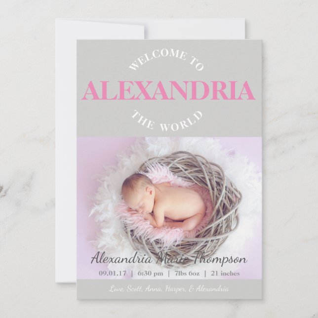 Välkomna till World rosa grått Birth Notice Inbjudningar (Framsida)