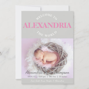 Välkomna till World rosa grått Birth Notice Inbjudningar