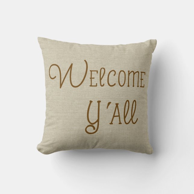 Välkomna Y'All burlap-look-eget namn Kudde (Framsida)