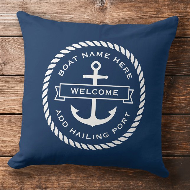 Välkomshamn för segelbåten i Anchor och repbåt nam Kudde (Anchor and rope boat name hailing port welcome throw pillow)
