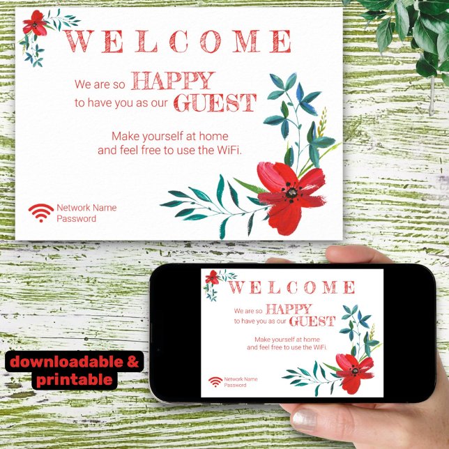 Välkomslösenord för hörnrödblommor, WiFi-gästskydd Poster (template wifi instructions printed and downloadable)