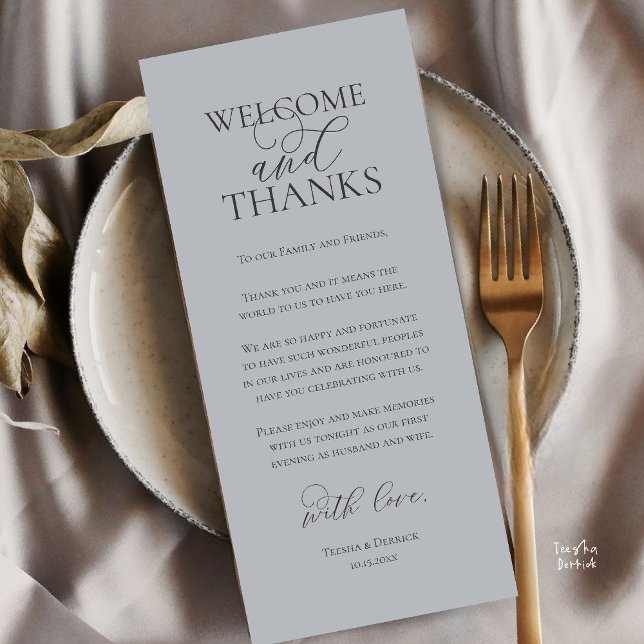 Välkomst- och tackkort för bröllopsmiddag program (Welcome and Thanks Wedding Reception Dinner Thank You Card in Charcoal Chill Grey)
