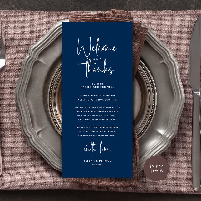 Välkomst- och tackkort för dukning program (Welcome and Thanks Modern Wedding Dinner Place Setting Thank You Card in Navy Blue)
