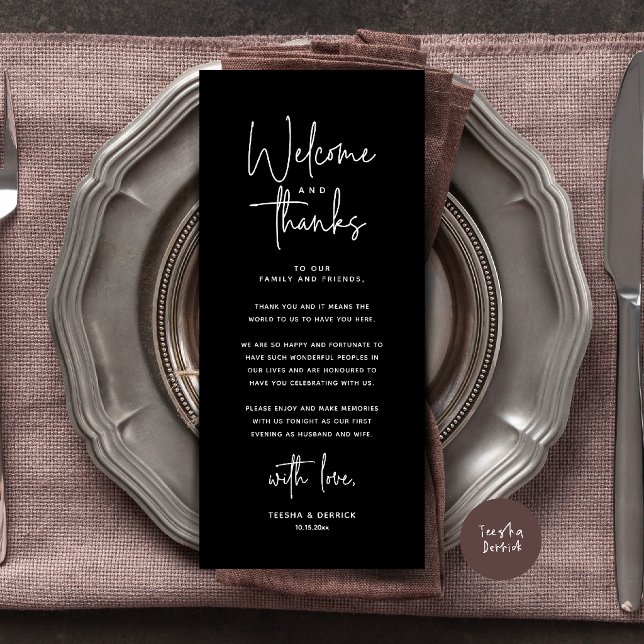 Välkomst- och tackkort för dukning program (Welcome and Thanks Modern Wedding Dinner Place Setting Thank You Card in Classy Black)