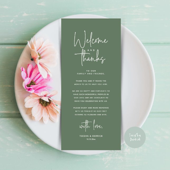 Välkomst- och tackkort för dukning program (Welcome and Thanks Modern Wedding Dinner Place Setting Thank You Card in Sage Green)