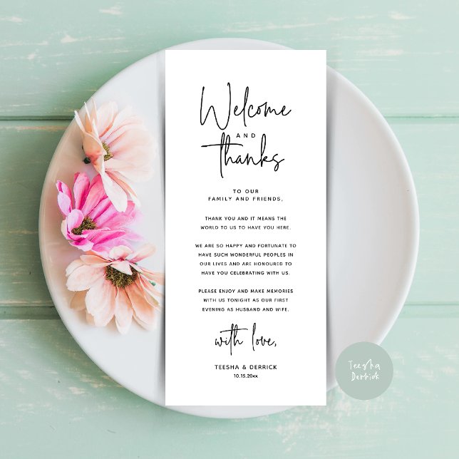 Välkomst- och tackkort för dukning program (Welcome and Thanks Modern Wedding Dinner Place Setting Thank You Card in Black and White)