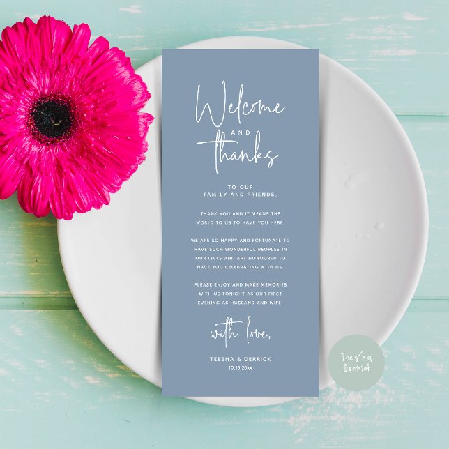 Välkomst- och tackkort för dukning program (Welcome and Thanks Modern Wedding Dinner Place Setting Thank You Card in Dusty Blue)