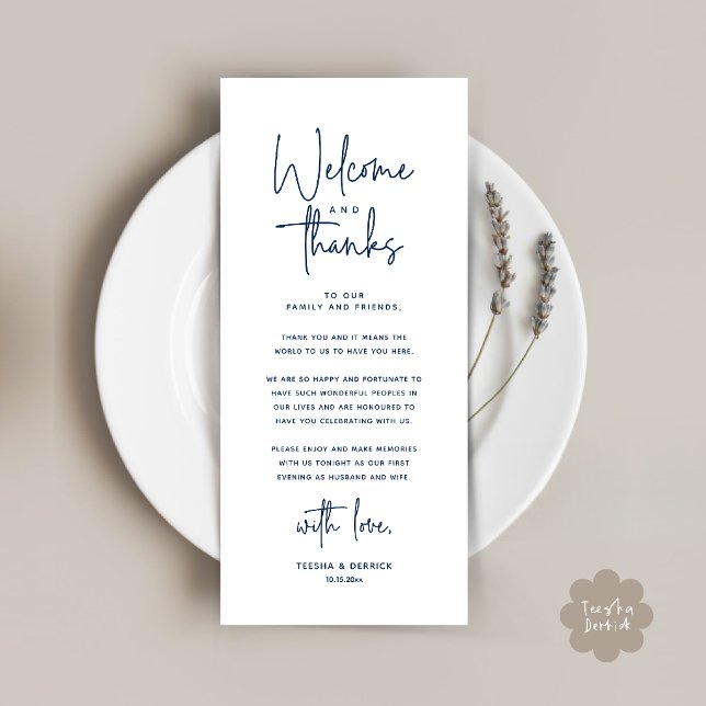 Välkomst- och tackkort för dukning program (Welcome and Thanks Modern Wedding Dinner Place Setting Thank You Card in Navy Blue)