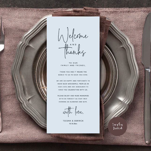 Välkomst- och tackkort för dukning program (Welcome and Thanks Modern Wedding Dinner Place Setting Thank You Card in Misty Blue)