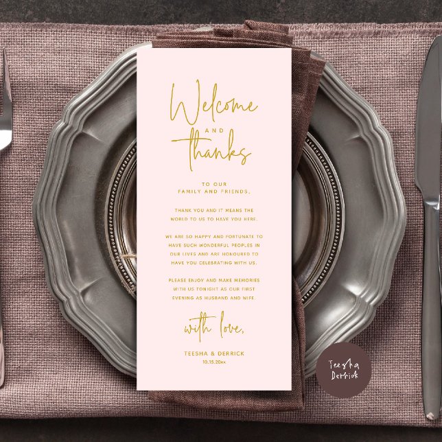 Välkomst- och tackkort för dukning program (Welcome and Thanks Modern Wedding Dinner Place Setting Thank You Card in Gold Blush)