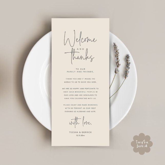 Välkomst- och tackkort för dukning program (Welcome and Thanks Modern Wedding Dinner Place Setting Thank You Card in Cream Grey)