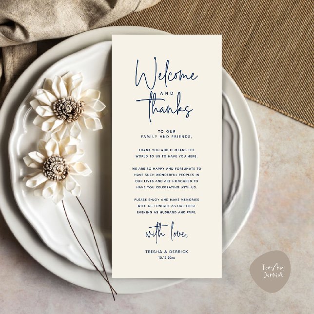 Välkomst- och tackkort för dukning program (Welcome and Thanks Modern Wedding Dinner Place Setting Thank You Card in Navy Blue Ivory)