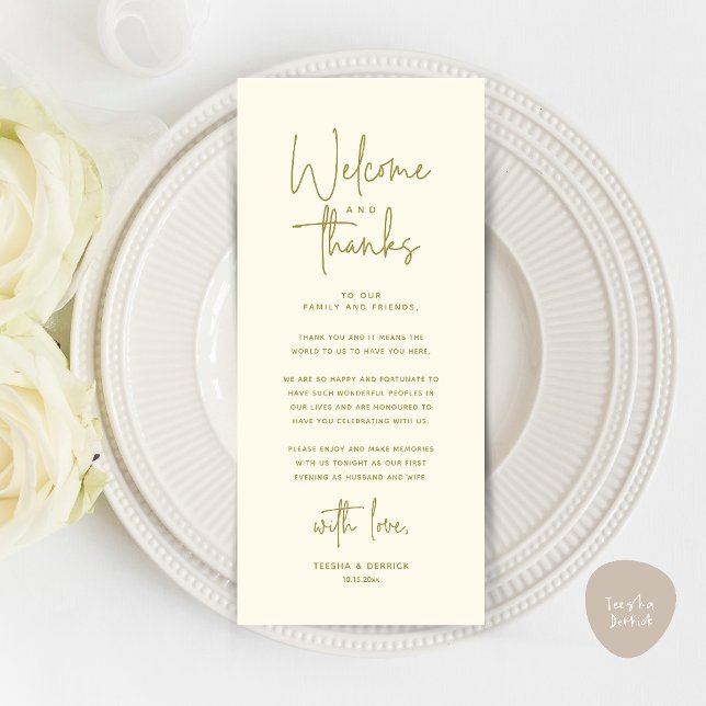 Välkomst- och tackkort för dukning program (Welcome and Thanks Modern Wedding Dinner Place Setting Thank You Card in Yellow Gold Cream)
