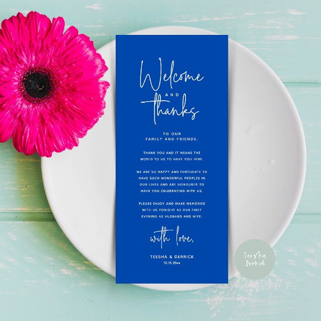 Välkomst- och tackkort för dukning program (Welcome and Thanks Modern Wedding Dinner Place Setting Thank You Card in Cobalt Blue)
