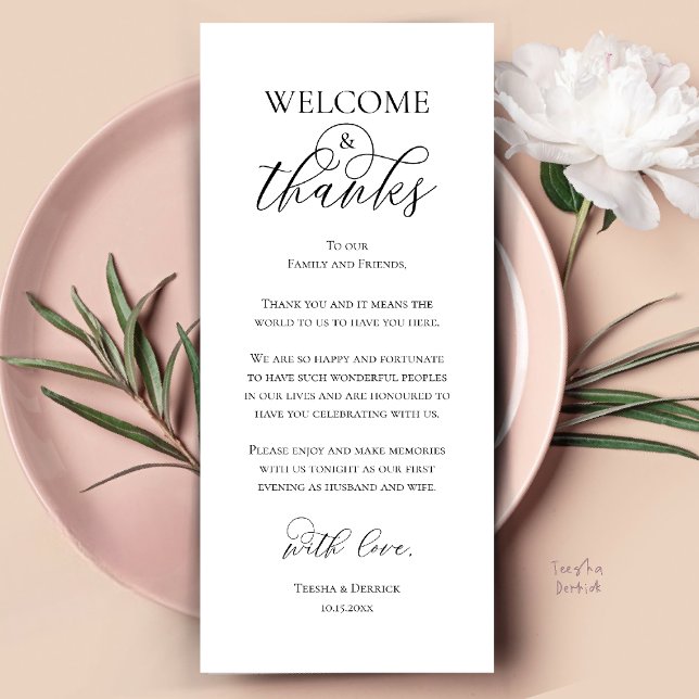 Välkomst- och tackreception Middag Tackkort Program (Welcome and Thanks Reception Dinner Thank You Card in Black and White)