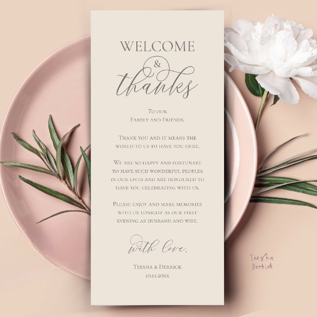 Välkomst- och tackreception Middag Tackkort Program (Welcome and Thanks Reception Dinner Thank You Card in Cream and Grey)