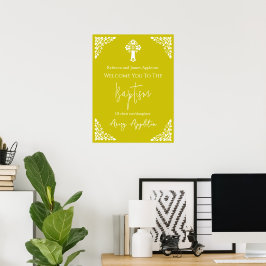 Välkomstaffisch Blommig Kors Dopfest Gul Poster